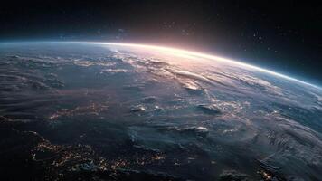 tierra desde espacio exhibiendo atmosférico resplandor y iluminado masas de tierra en continuo movimiento secuencia video