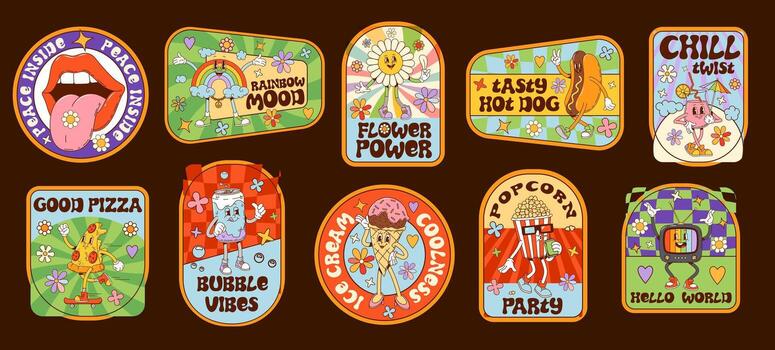 Hippie groovy character label stickers and patches vector