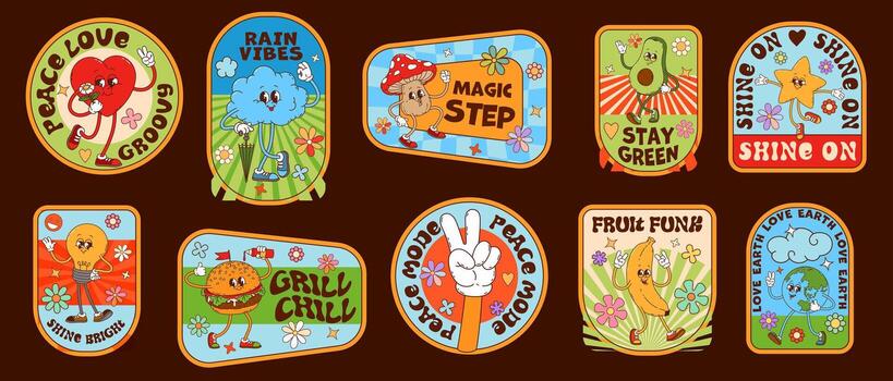 Hippie groovy label stickers and y2k patches set vector