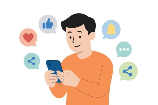illustration of a smiling young man holding smartphone surrounded by social media icons such as like, chat, share, and notification. Perfect for digital marketing, communication, and networking vector
