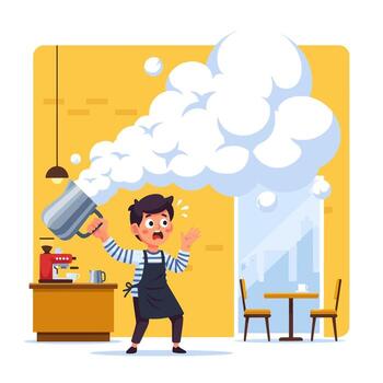 un hombre es en pie en frente de un café máquina con vapor viniendo fuera de eso vector