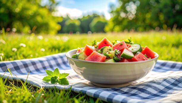 A bowl of fresh watermelon and cucumber salad with mint leaves on a picnic blanket on a lawn with bright green grass and a blurry background of trees. photo