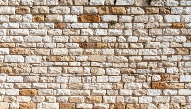 un de cerca de un resistido ladrillo pared con beige y ligero marrón piedras en un horizontal Enladrillado patrón, demostración textura y edad. foto