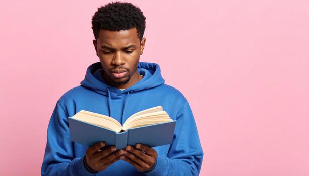 A serious-looking afro american man with a beard in a blue hoodie, reading a book, standing on a pink background with a blank space for text. photo
