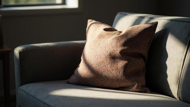 Close-up of a textured brown or orange patterned cushion placed on a grey sofa illuminated by natural sunlight from a window. Home decor and accent pillow concept photo