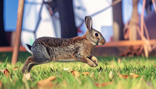 A wild rabbit running quickly across a lush green lawn with scattered autumn leaves against a slightly blurred background of a house. photo