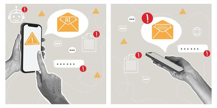Trendy halftone collage. Phishing warning. Smartphone and email security. Data breach concept, hacking attempts, online security. vector
