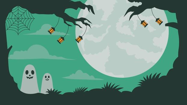 Halloween background featuring ghosts, bare trees, lanterns, and a full moon. Flat . vector