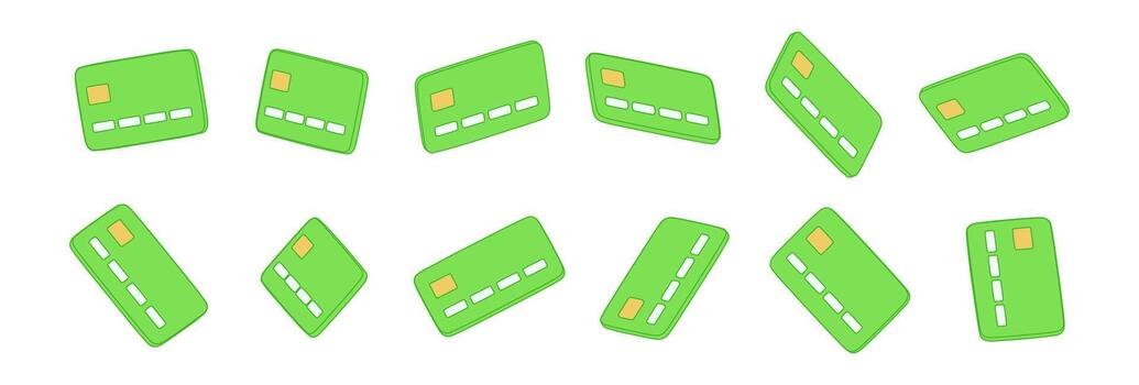Flat line art illustration of green credit cards in different isometric angles and perspectives. Minimal 3D effect, finance, banking, payment or digital transaction isolated on white background vector