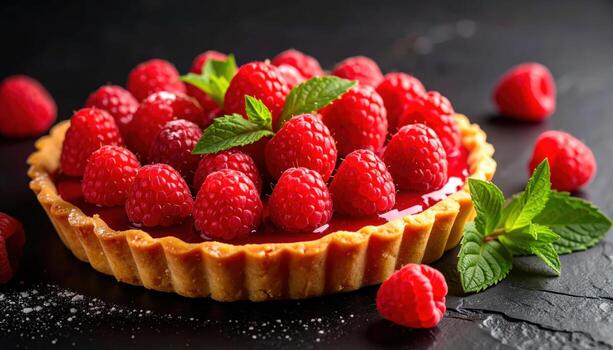 A large raspberry tart with a buttery crust and a bright red raspberry filling, topped with fresh raspberries and mint leaves on a dark stone background. photo