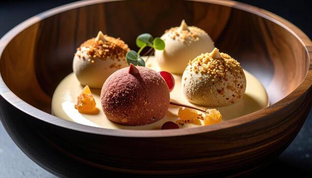 Gourmet dessert with three elegant round spheres covered with nuts and cocoa powder, presented photo