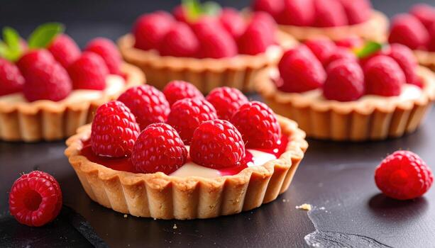Close-up of homemade sweet raspberry tarts with delicious cream filling and fresh berries on top on a dark stone background. photo