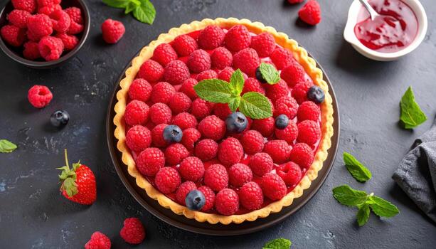 Raspberry tart on a dark background, symbolizing photo