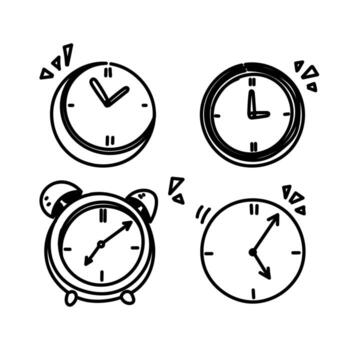 four clocks with different times on them in doodle vector