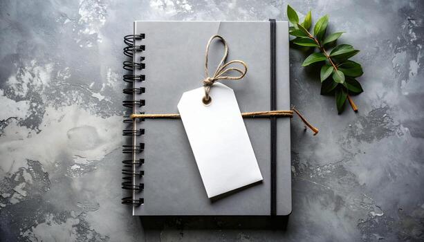 A gray spiral-bound notebook with a blank paper tag tied with a twine, a white pencil, and a green sprig on a rustic gray background. photo