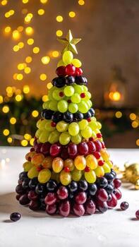 un festivo y sano Navidad árbol hecho de Fresco verde y rojo uvas, con un estrella en arriba, metido en un limpiar blanco superficie con bokeh luces foto