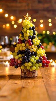 un festivo y sano Navidad árbol hecho de Fresco uvas, decorado con un estrella y rodeado por velas en un rústico de madera mesa, foto