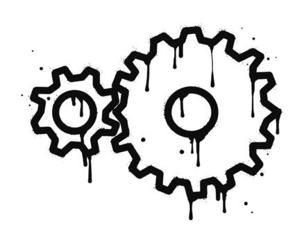 Spray painted graffiti of moving gears wheels in black over white. gear icon drip symbol. isolated on white background vector