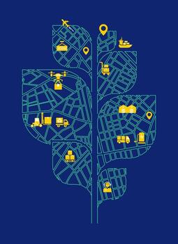 concept of green logistics or transportation technology, graphic of leaf tree combined with gps map and delivery shipping business element vector