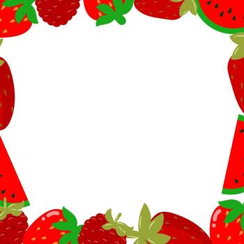 red fruit border, strawberry, raspberry and watermelon on white background for copy space, illustration graphic vector