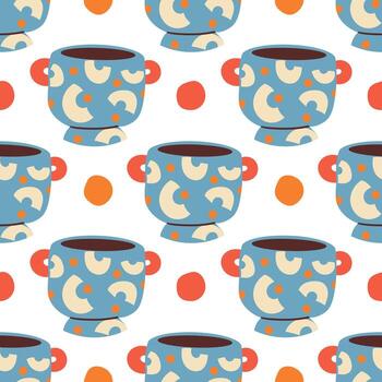 sin costura modelo de azul cerámico florero con resumen diseño. dibujos animados aislado en un blanco antecedentes. mano dibujado plano estilo vector