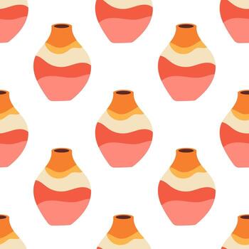 sin costura modelo de rojo cerámico florero con resumen diseño. dibujos animados aislado en un blanco antecedentes. mano dibujado plano estilo vector