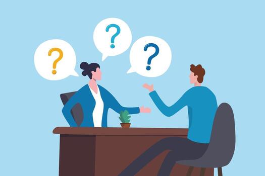 Interview questions, asking job candidate for answers and make decision, communication or challenge hiring recruitment, employment query concept, businesswoman HR asking candidate interview questions. vector