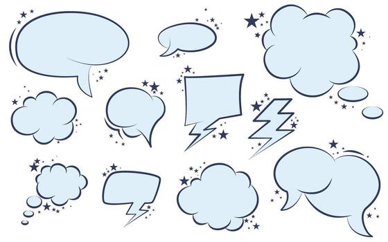 Speech bubbles and shapes with stars. Set of frames for speech, thoughts, and ideas. Soft sky blue comic shapes for text, elements vector