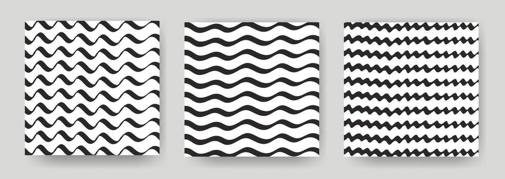 Set of square backgrounds with wavy lines. Repeating horizontal ink waves on white background. Abstract templates, graphics vector