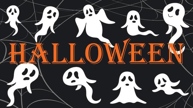 Banner with ghosts and webs on dark night background. Set of flying ghosts, graphics vector