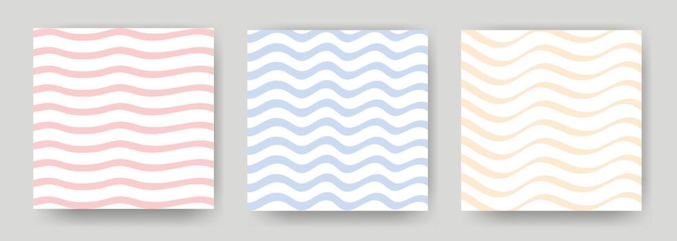 Set of delicate pastel square backgrounds with wavy lines. Repeating horizontal waves of blue, pink and beige on white background. Abstract patterns, graphics vector