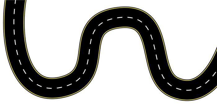 Top view illustration of a curved two lane street with dashed markings winding path and asphalt surface ideal for travel map icons highway graphics route planning and empty roadway vector