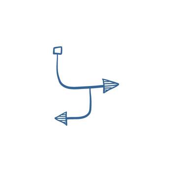 Hand-drawn one blue arrow sketch as navigation symbol, freehand graphic pointer for direction and guidance design. vector