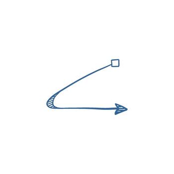 Hand-drawn arrow sketch as blue navigation symbol, freehand graphic pointer for direction and guidance design. vector