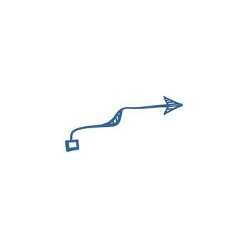Hand-drawn arrow sketch as navigation symbol, freehand graphic pointer for direction and blue cute thin guidance design. vector