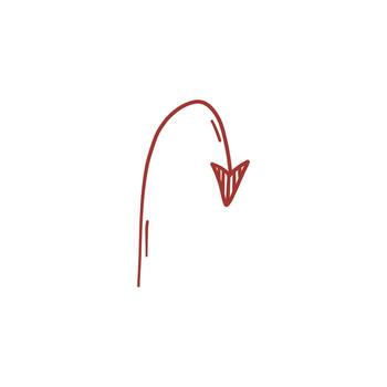 Artistic a doodle of handmade arrow, pencil red ink drawing as orientation mark, simple graphic sign for path and target. vector