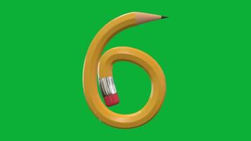 3d siffra 6 designad med penna stil roterande animering på grön skärm bakgrund, kreativ pedagogisk objekt, skola inlärning symbol, dekorativ typografi element för undervisning, utbildning video