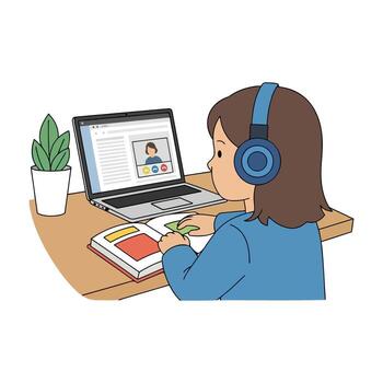 Dedicated student focus during an online learning teacher lesson for child education, combining book learning with homework study at a study desk for knowledge growth and effective school learning vector