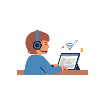 Child engaged in online learning and classroom study, using a tablet for school work, focused on homework study and knowledge growth with a headset, representing student reading and study time vector
