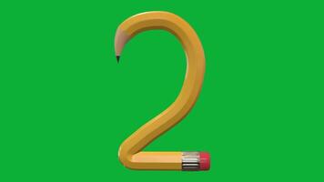 3D Number 2 Designed with Pencil Style Rotating Animation on Green Screen Background, Creative Educational Object, School Learning Symbol, Decorative Typography Element for Teaching, Education, and Gr video