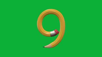 3d siffra 9 designad med penna stil roterande animering på grön skärm bakgrund, kreativ pedagogisk objekt, skola inlärning symbol, dekorativ typografi element för undervisning, utbildning video