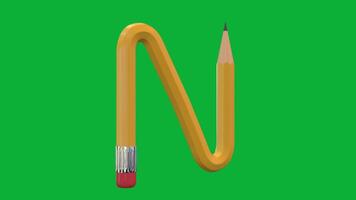 3d alfabet brev n designad med penna stil roterande animering på grön skärm bakgrund, kreativ pedagogisk objekt, skola inlärning symbol, dekorativ typografi element för undervisning video