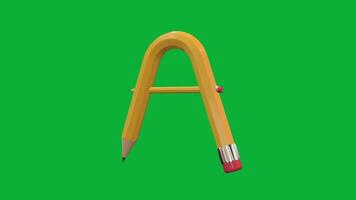 3d alfabet brev en designad med penna stil roterande animering på grön skärm bakgrund, kreativ pedagogisk objekt, skola inlärning symbol, dekorativ typografi element för undervisning. video