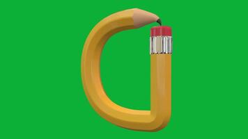 3d alfabet brev d designad med penna stil roterande animering på grön skärm bakgrund, kreativ pedagogisk objekt, skola inlärning symbol, dekorativ typografi element för undervisning. video