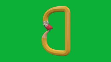 3d alfabet brev b designad med penna stil roterande animering på grön skärm bakgrund, kreativ pedagogisk objekt, skola inlärning symbol, dekorativ typografi element för undervisning video
