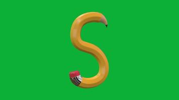 3d alfabet brev s designad med penna stil roterande animering på grön skärm bakgrund, kreativ pedagogisk objekt, skola inlärning symbol, dekorativ typografi element för undervisning video