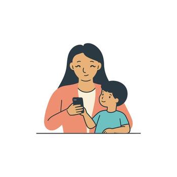 Modern parenting moment with mother and child engaged in shared online learning, fostering knowledge growth through a digital lesson and collaborative study time vector