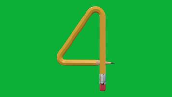 3d siffra 4 designad med penna stil roterande animering på grön skärm bakgrund, kreativ pedagogisk objekt, skola inlärning symbol, dekorativ typografi element för undervisning, utbildning video