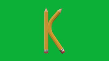 3d alfabet brev k designad med penna stil roterande animering på grön skärm bakgrund, kreativ pedagogisk objekt, skola inlärning symbol, dekorativ typografi element för undervisning. video
