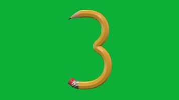 3d siffra 3 designad med penna stil roterande animering på grön skärm bakgrund, kreativ pedagogisk objekt, skola inlärning symbol, dekorativ typografi element för undervisning, utbildning video